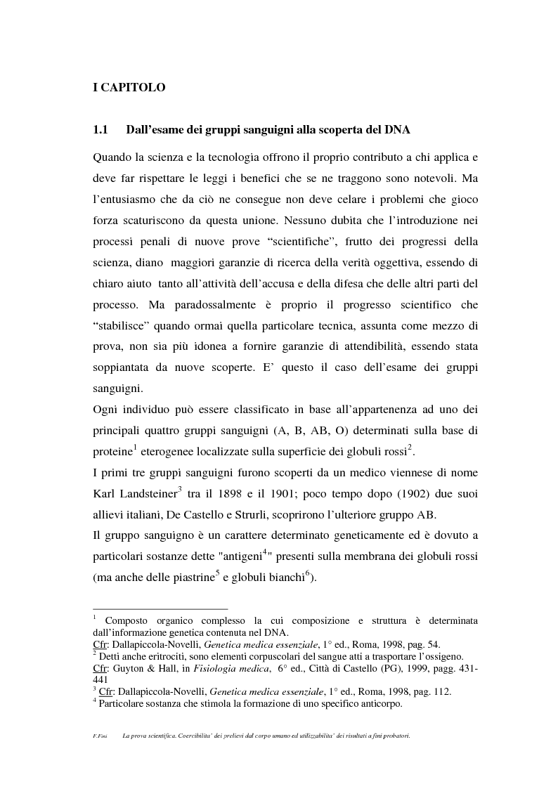 Anteprima della tesi: La prova scientifica (il test del DNA). Coercibilità dei prelievi dal corpo umano ed utilizzabilità dei risultati a fini probatori., Pagina 2