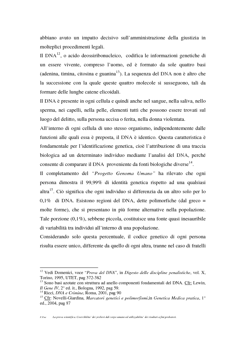 Anteprima della tesi: La prova scientifica (il test del DNA). Coercibilità dei prelievi dal corpo umano ed utilizzabilità dei risultati a fini probatori., Pagina 5