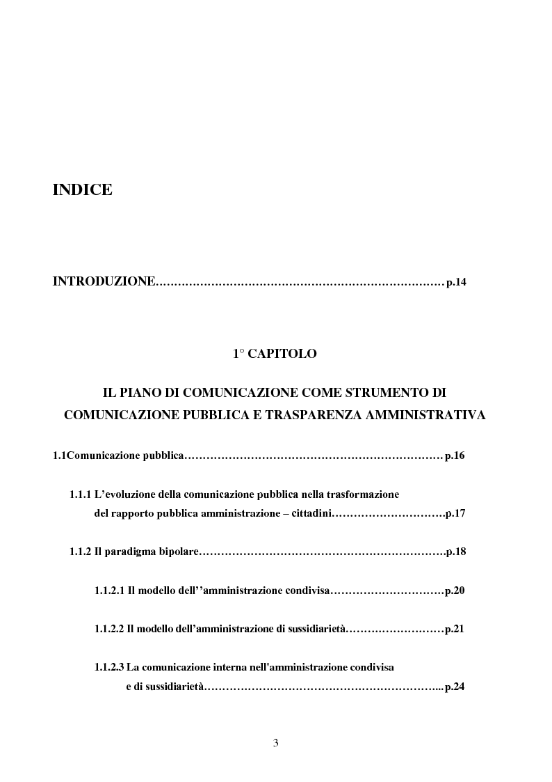Indice della tesi: Il piano di comunicazione della Regione Puglia 2008 - Strumento di comunicazione pubblica e trasparenza amministrativa, Pagina 1
