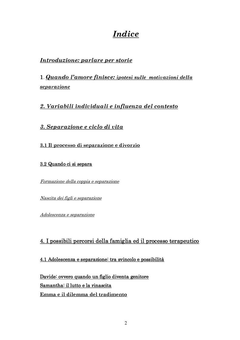 Indice della tesi: Non tutto il male viene per nuocere - Il vincolo e la risorsa nelle storie di genitori separati e dei loro figli adolescenti, Pagina 1