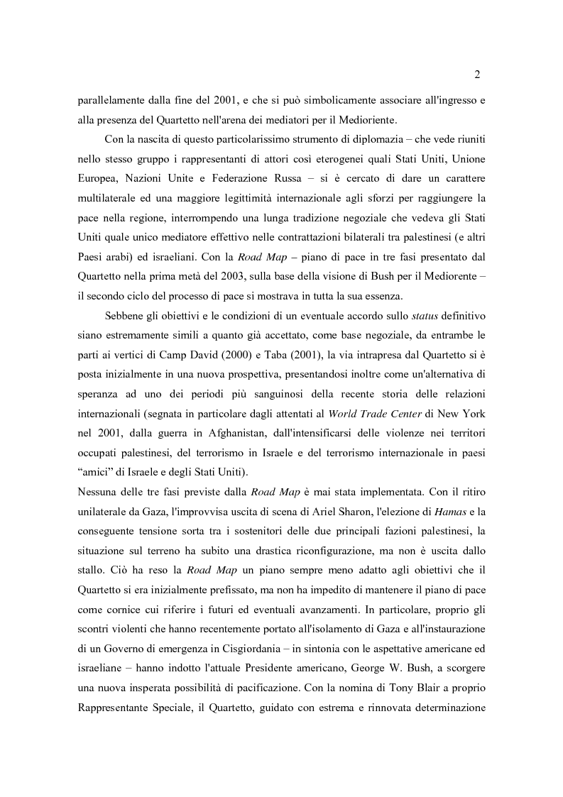 Anteprima della tesi: Il Quartetto, la Road Map ed i Seguiti di Annapolis. Il secondo ciclo del processo di pace tra israeliani e palestinesi., Pagina 3
