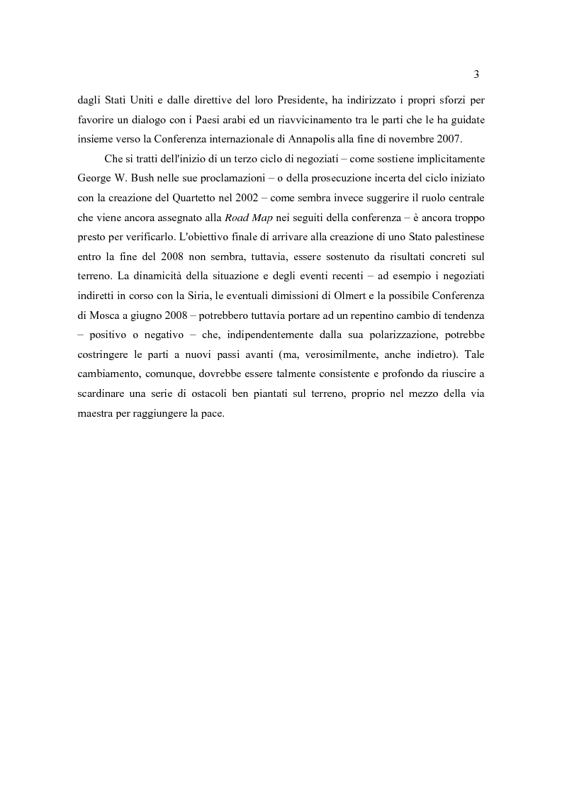 Anteprima della tesi: Il Quartetto, la Road Map ed i Seguiti di Annapolis. Il secondo ciclo del processo di pace tra israeliani e palestinesi., Pagina 4