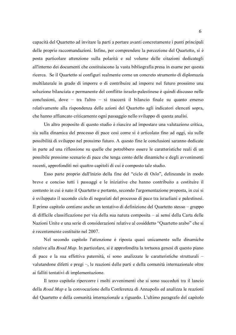 Anteprima della tesi: Il Quartetto, la Road Map ed i Seguiti di Annapolis. Il secondo ciclo del processo di pace tra israeliani e palestinesi., Pagina 6