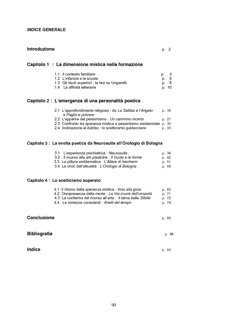Indice della tesi: Speranza mistica e pessimismo esistenziale nell'opera di Margherita Guidacci, Pagina 1