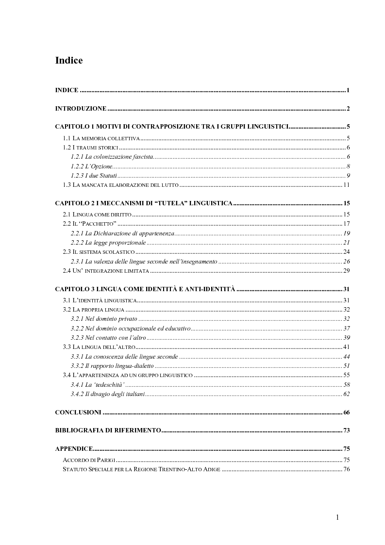 Indice della tesi: Lingua e identità. Il caso altoatesino., Pagina 1