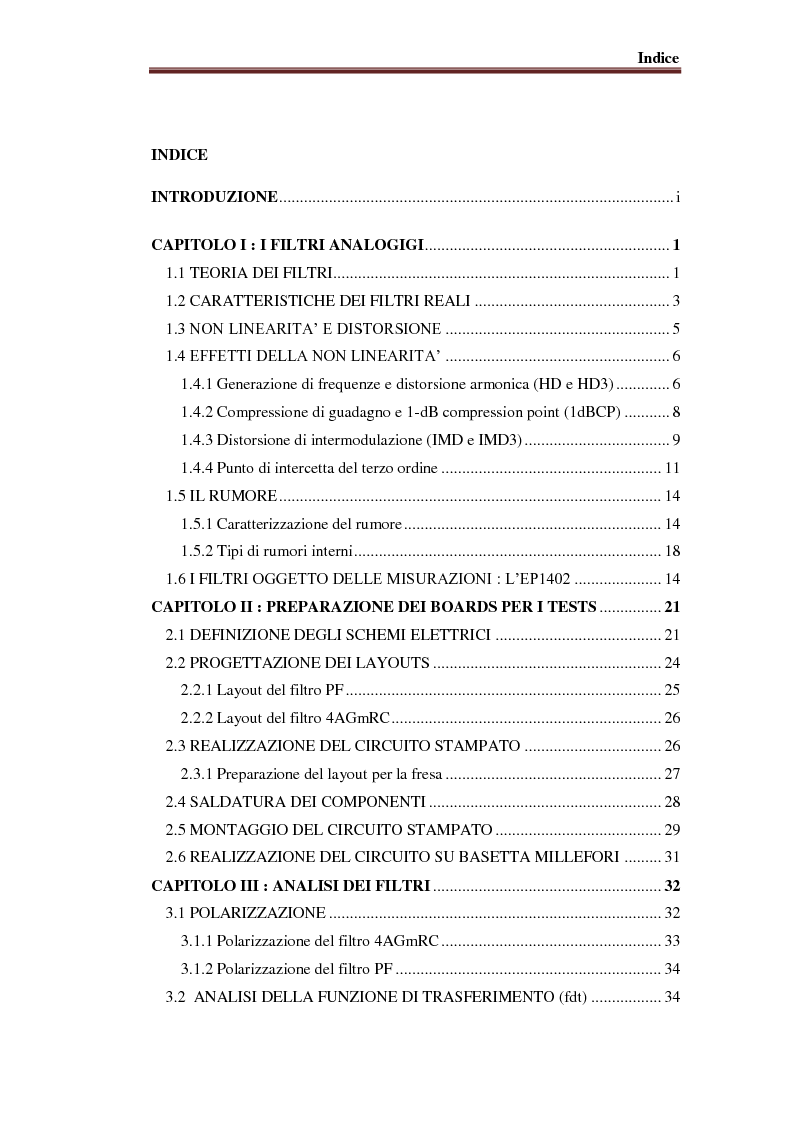 Indice della tesi: Misure su filtri e amplificatori integrati, Pagina 1