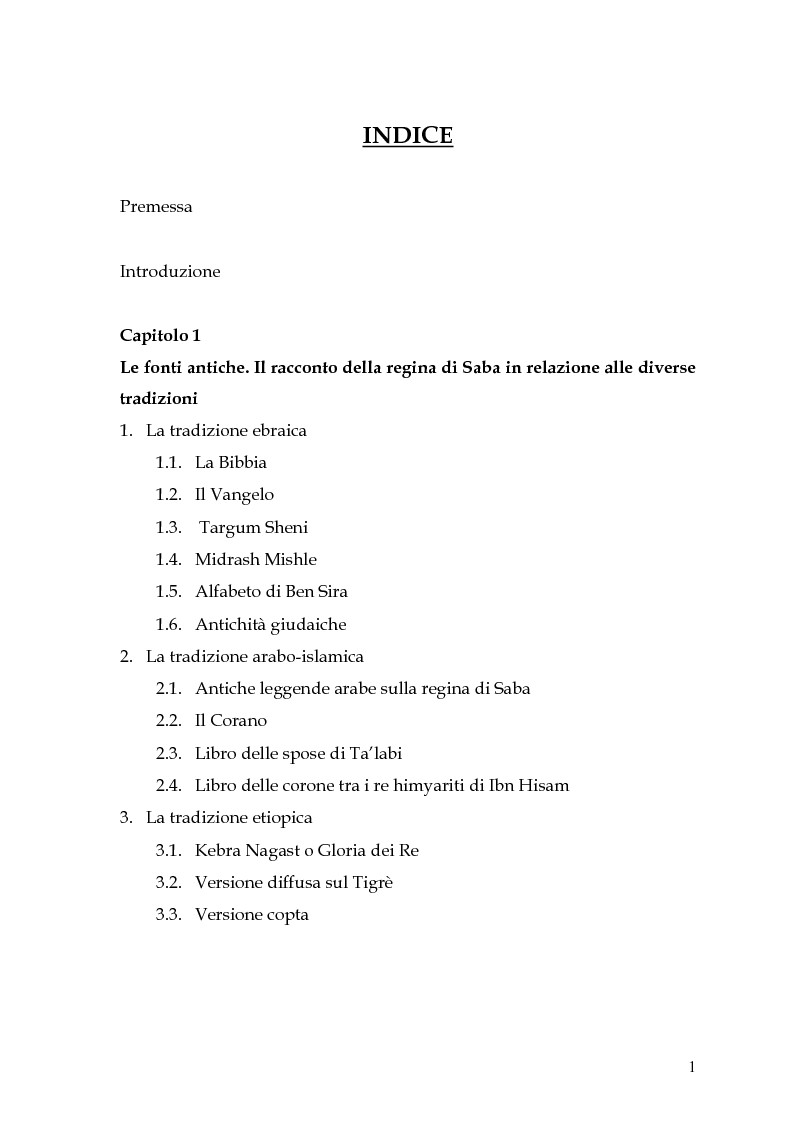 Indice della tesi: La regina di Saba: rielaborazione cinematografica di un tema mitico, Pagina 1