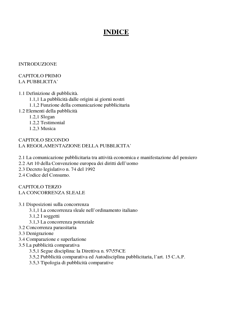 Indice della tesi: Concorrenza sleale e pubblicità, Pagina 1