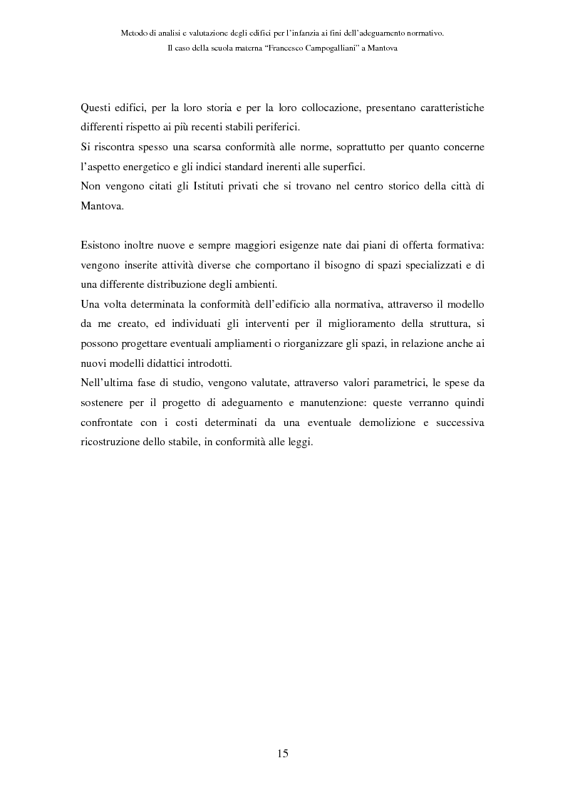 Anteprima della tesi: Metodo di analisi e valutazione degli edifici per l'infanzia ai fini dell'adeguamento normativo. Il caso della scuola materna ''F. Campogalliani'' a Mantova, Pagina 10
