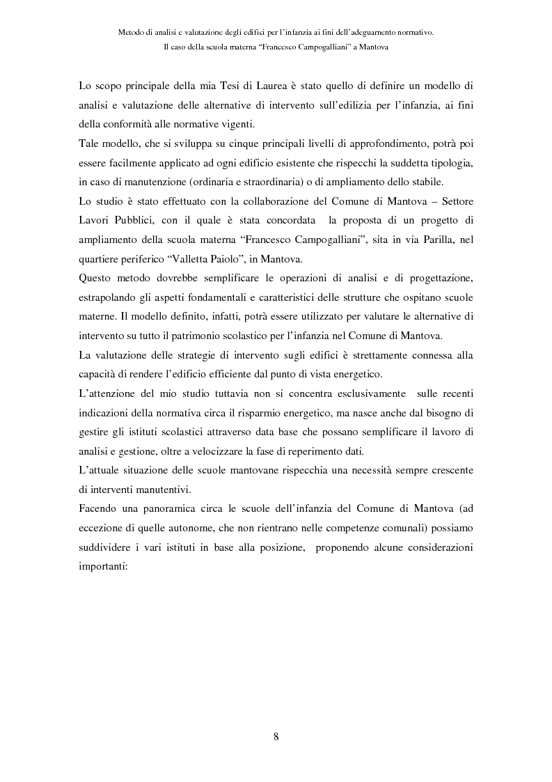 Anteprima della tesi: Metodo di analisi e valutazione degli edifici per l'infanzia ai fini dell'adeguamento normativo. Il caso della scuola materna ''F. Campogalliani'' a Mantova, Pagina 3