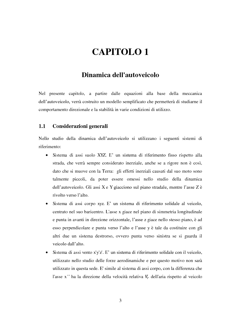 Anteprima della tesi: Studio teorico numerico del comportamento dinamico e delle proprietà di stabilità di un autoveicolo a quattro ruote, Pagina 3