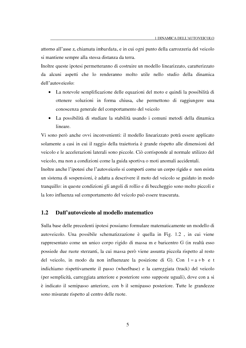 Anteprima della tesi: Studio teorico numerico del comportamento dinamico e delle proprietà di stabilità di un autoveicolo a quattro ruote, Pagina 5