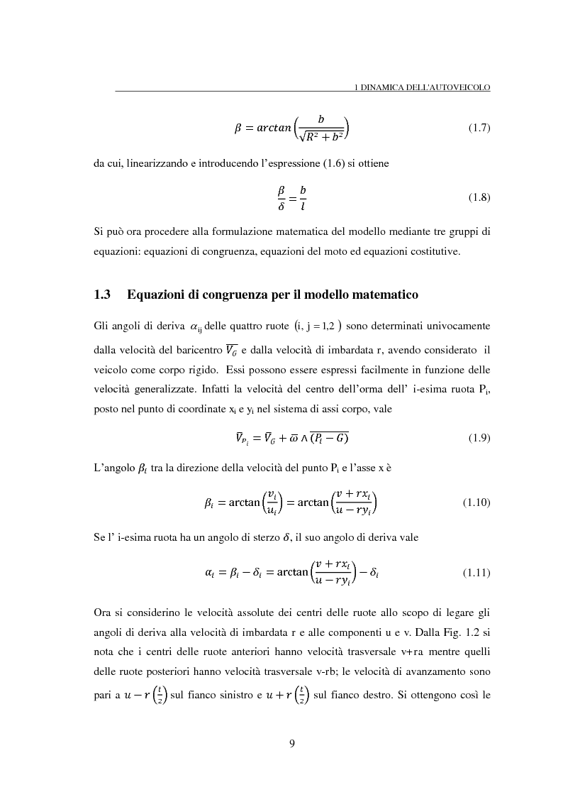 Anteprima della tesi: Studio teorico numerico del comportamento dinamico e delle proprietà di stabilità di un autoveicolo a quattro ruote, Pagina 9