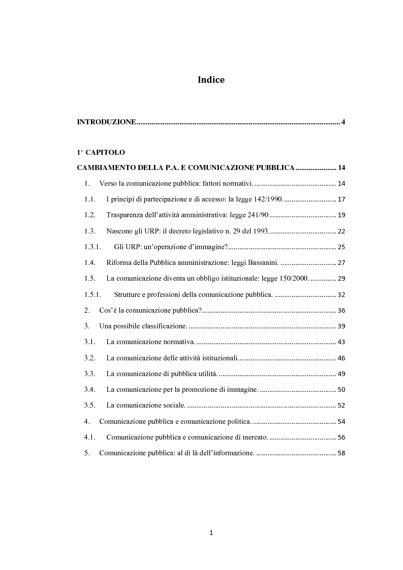 Indice della tesi: L'amministrazione che ascolta. Analisi della customer satisfaction degli utenti dell'Urp del comune di Torre del greco, Pagina 1