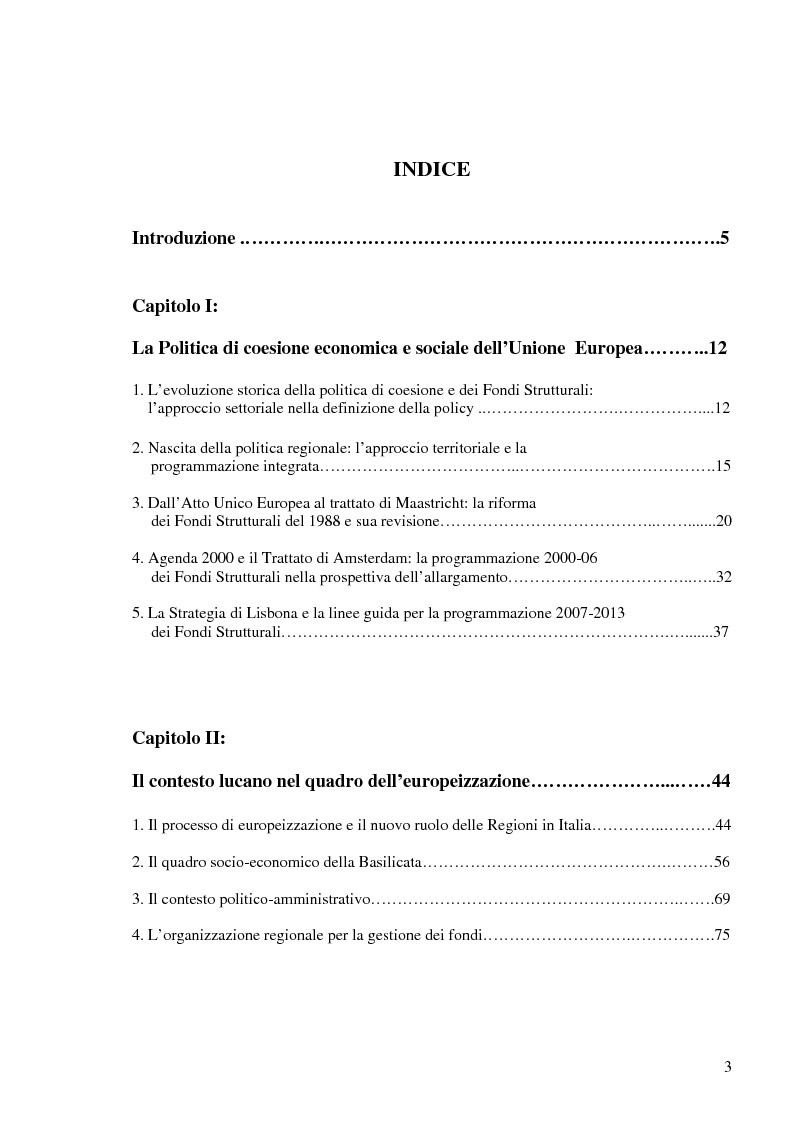 Indice della tesi: I fondi strutturali in Basilicata: un caso di successo, Pagina 1