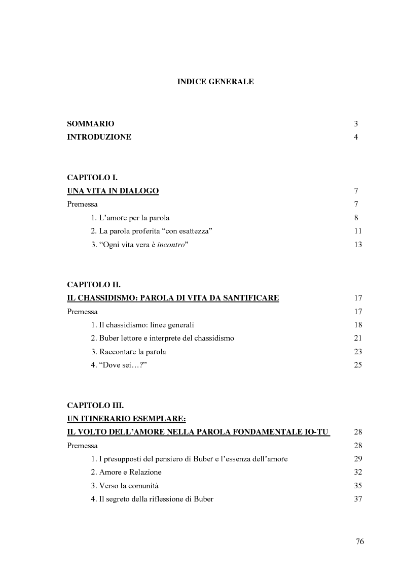 Indice della tesi: L’uomo esiste nella parola e nell'amore (un itinerario esemplare: in dialogo con Martin Buber), Pagina 1