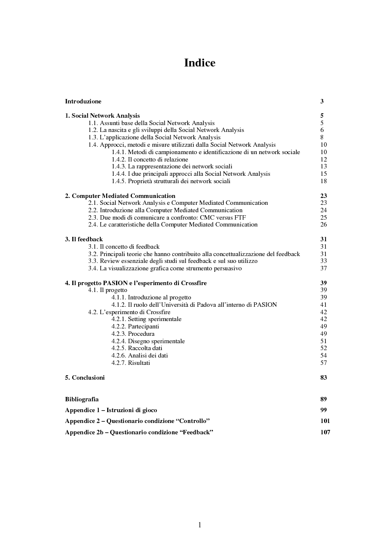 Indice della tesi: L'effetto di feedback basati sulla struttura delle reti sociali nell'interazione mediata da computer, Pagina 1