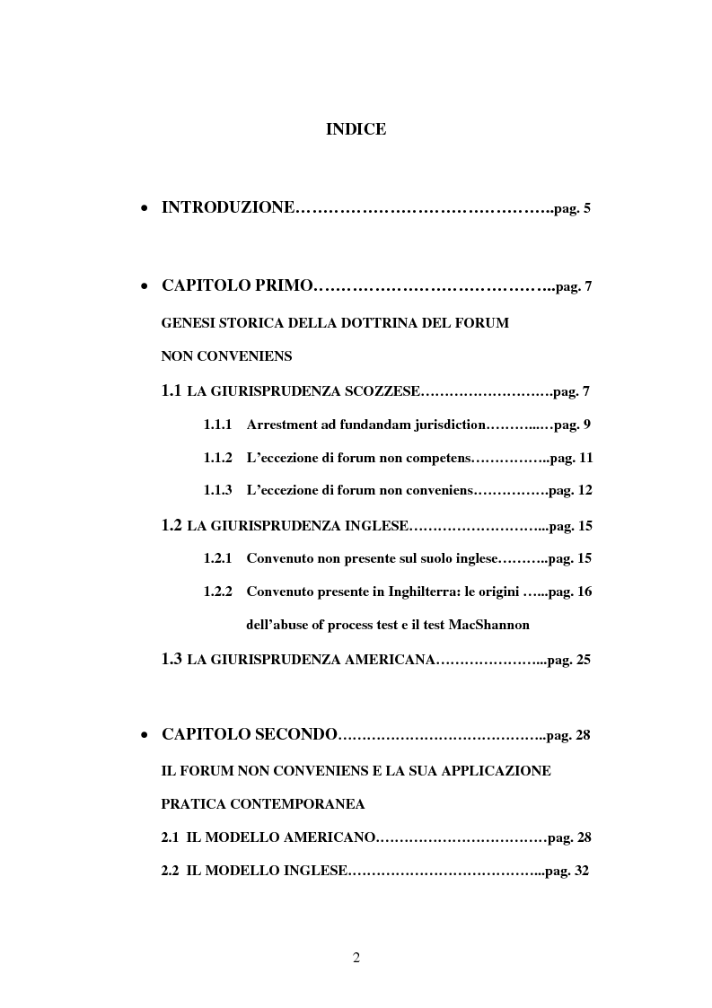 Indice della tesi: Profili della litispendenza transnazionale in relazione al cosiddetto forum non conveniens, Pagina 1