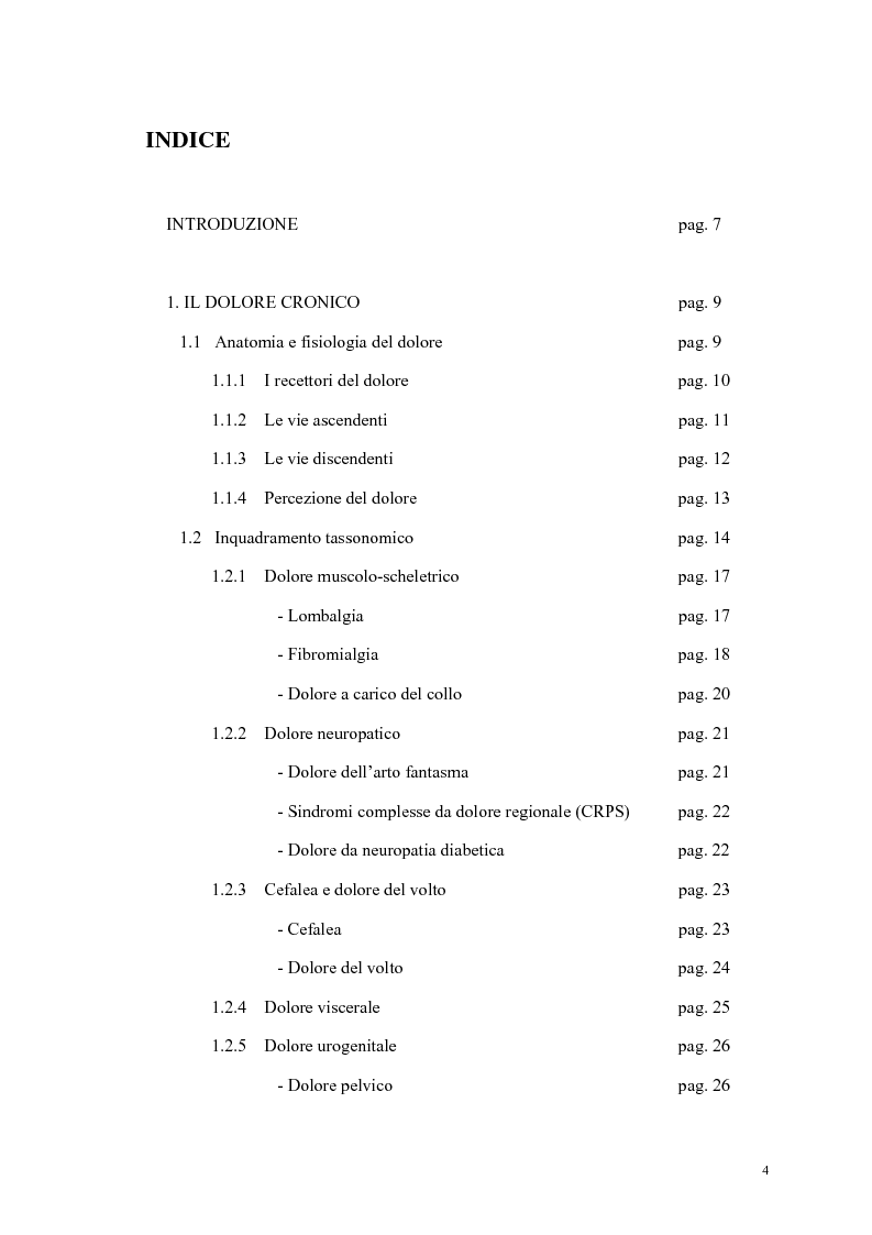 Indice della tesi: Aspetti psicologici e relazionali del dolore cronico, Pagina 1