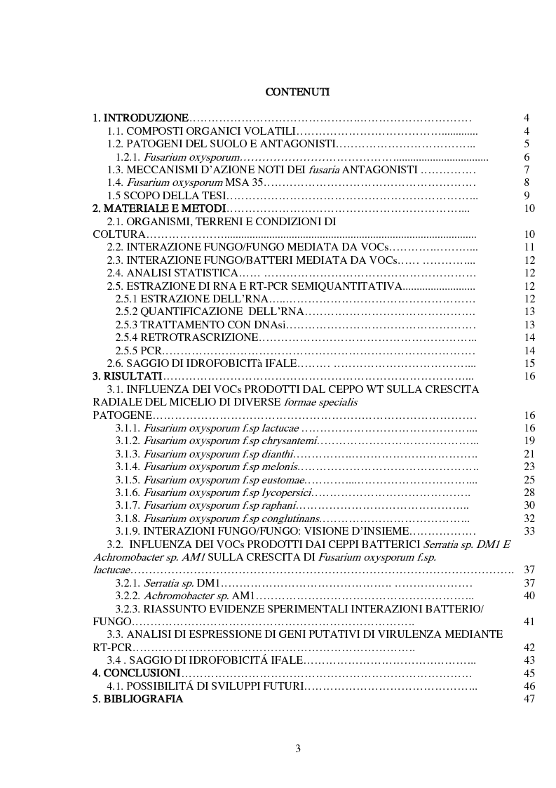 Indice della tesi: Composti organici volatili come meccanismo di antagonismo a lunga distanza in Fusarium oxysporum, Pagina 1