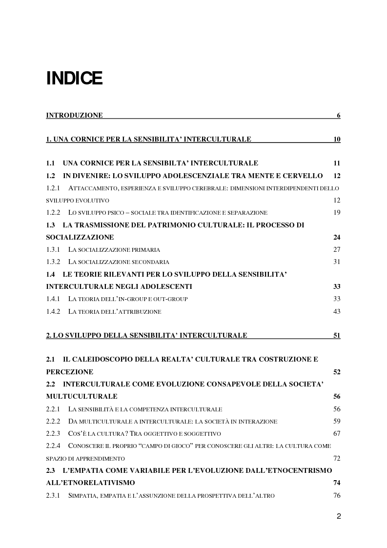Indice della tesi: Lo sviluppo della sensibilità interculturale e lo sviluppo morale in adolescenza: un'analisi empirica, Pagina 1