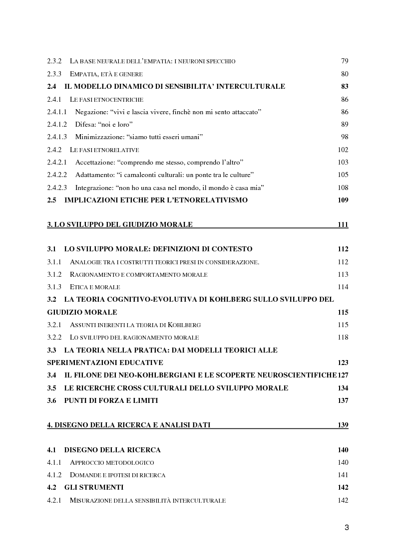Indice della tesi: Lo sviluppo della sensibilità interculturale e lo sviluppo morale in adolescenza: un'analisi empirica, Pagina 2