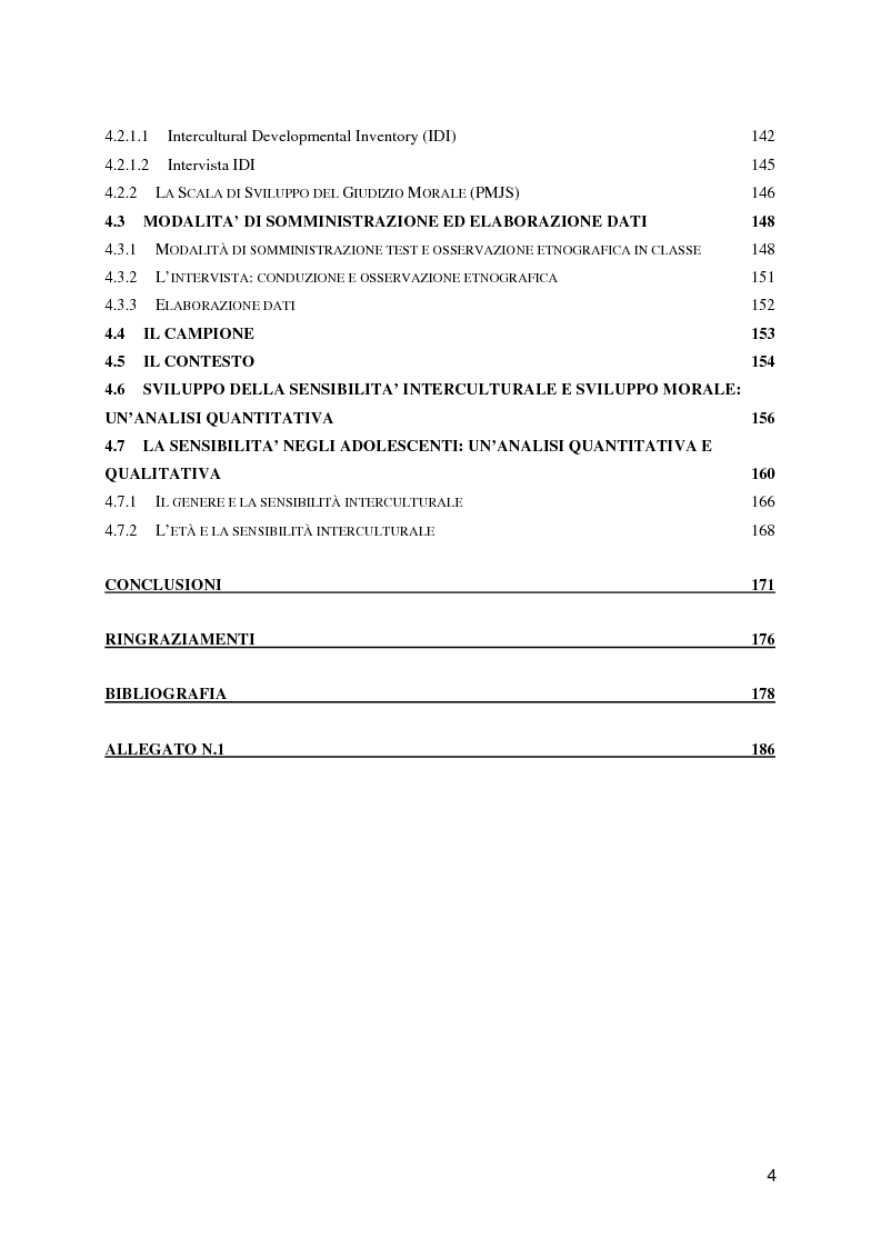 Indice della tesi: Lo sviluppo della sensibilità interculturale e lo sviluppo morale in adolescenza: un'analisi empirica, Pagina 3