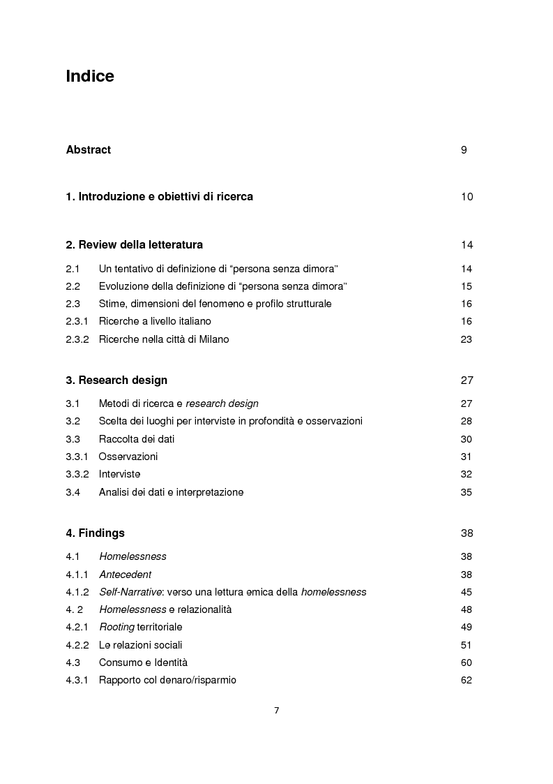 Indice della tesi: Persone senza dimora: cultura, consumi e relazioni con i mercati, Pagina 1