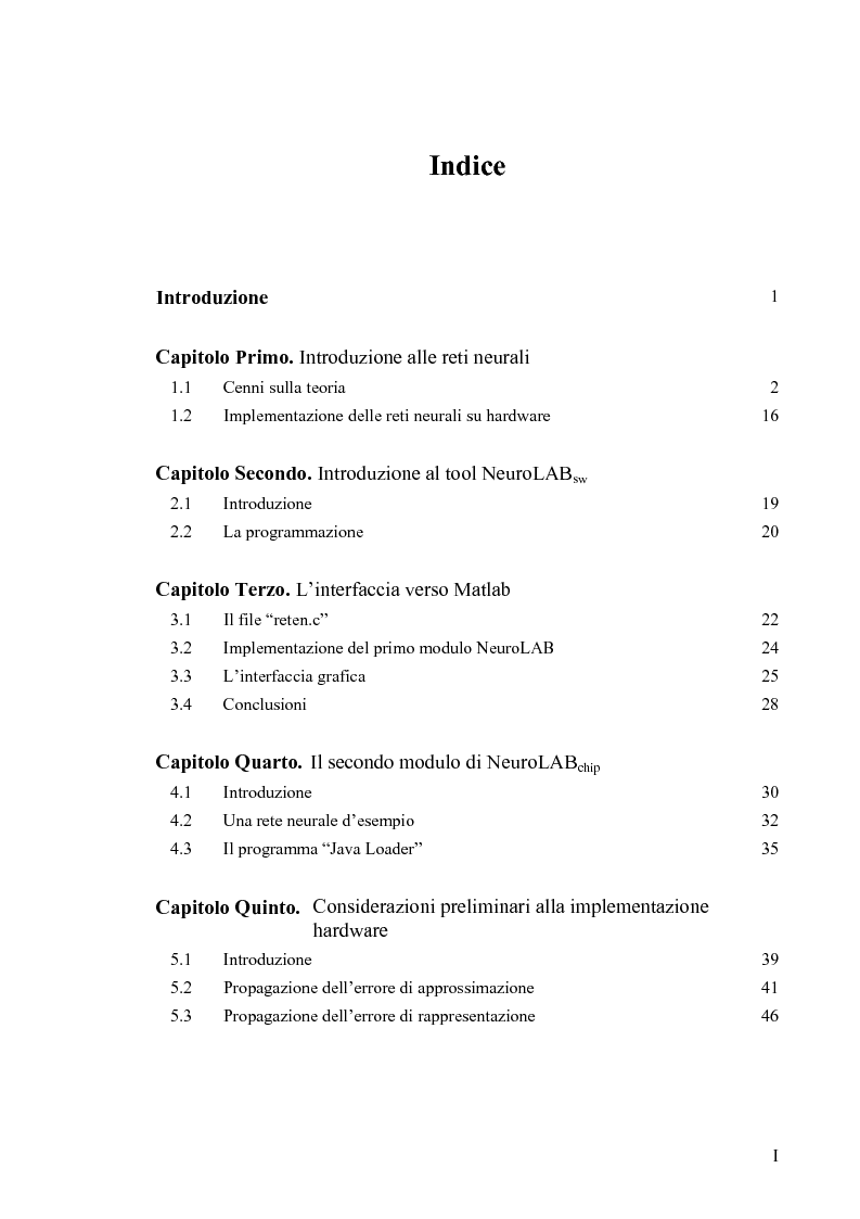 Indice della tesi: Tool di interfacciamento Neural Works - Matlab, progettazione e simulazione chip NeuroLAB, Pagina 1
