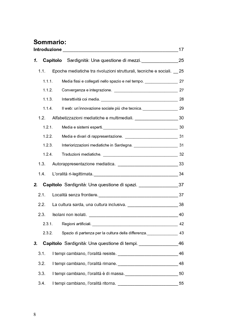 Indice della tesi: SARDignità. Interiorizzazioni mediatiche e pratiche autorappresentative in Sardegna., Pagina 1