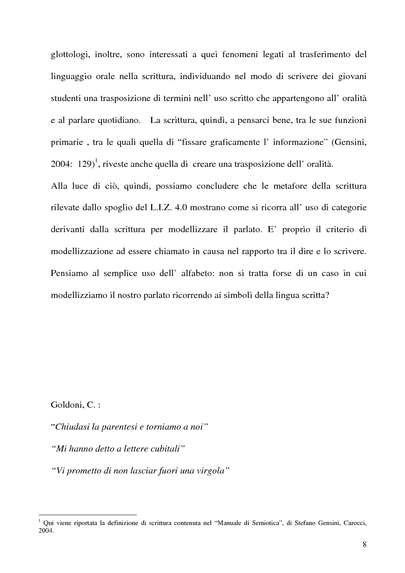 Anteprima della tesi: Scrivere il parlato. Come la scrittura parla dell'oralità attraverso la metafora., Pagina 7
