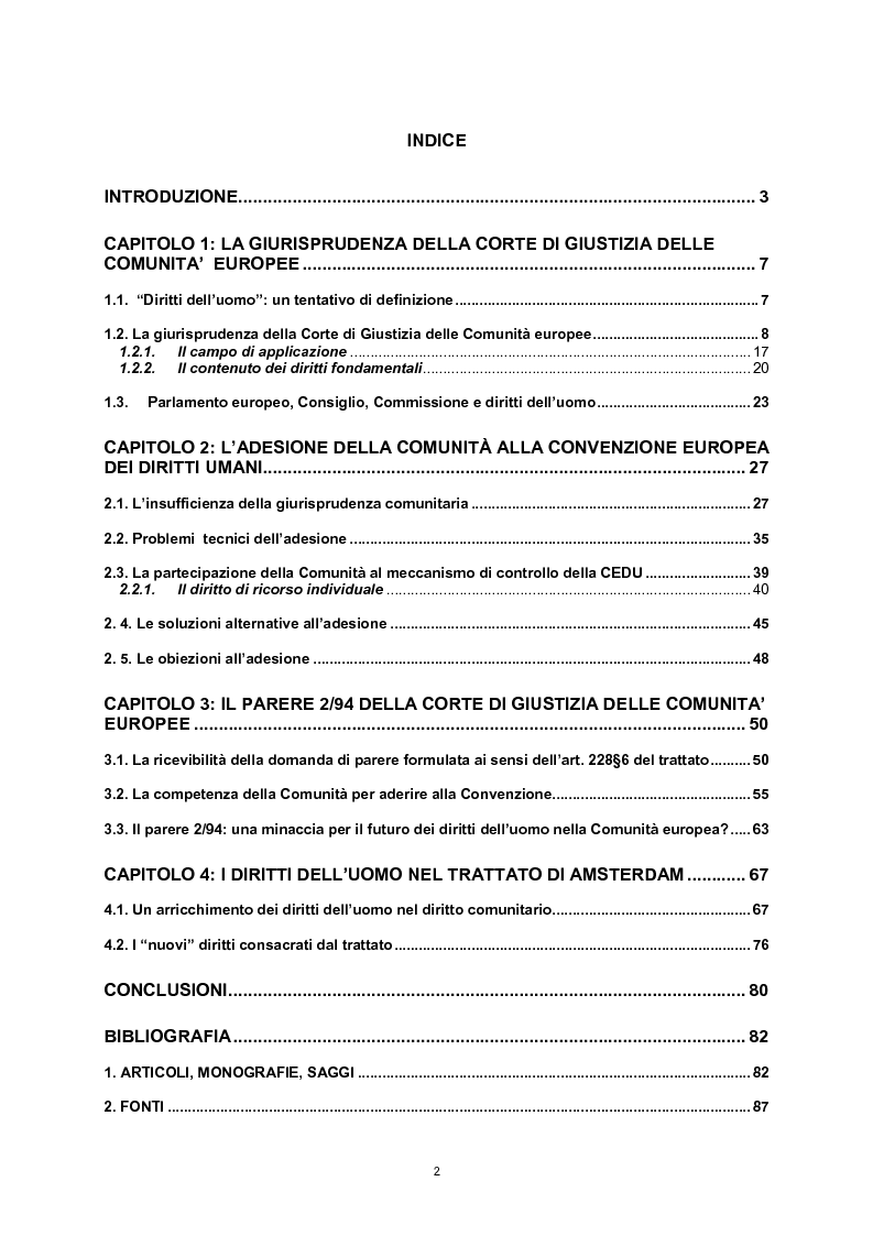 Indice della tesi: L'adesione della Comunità europea alla Convenzione europea dei diritti dell'uomo, Pagina 1