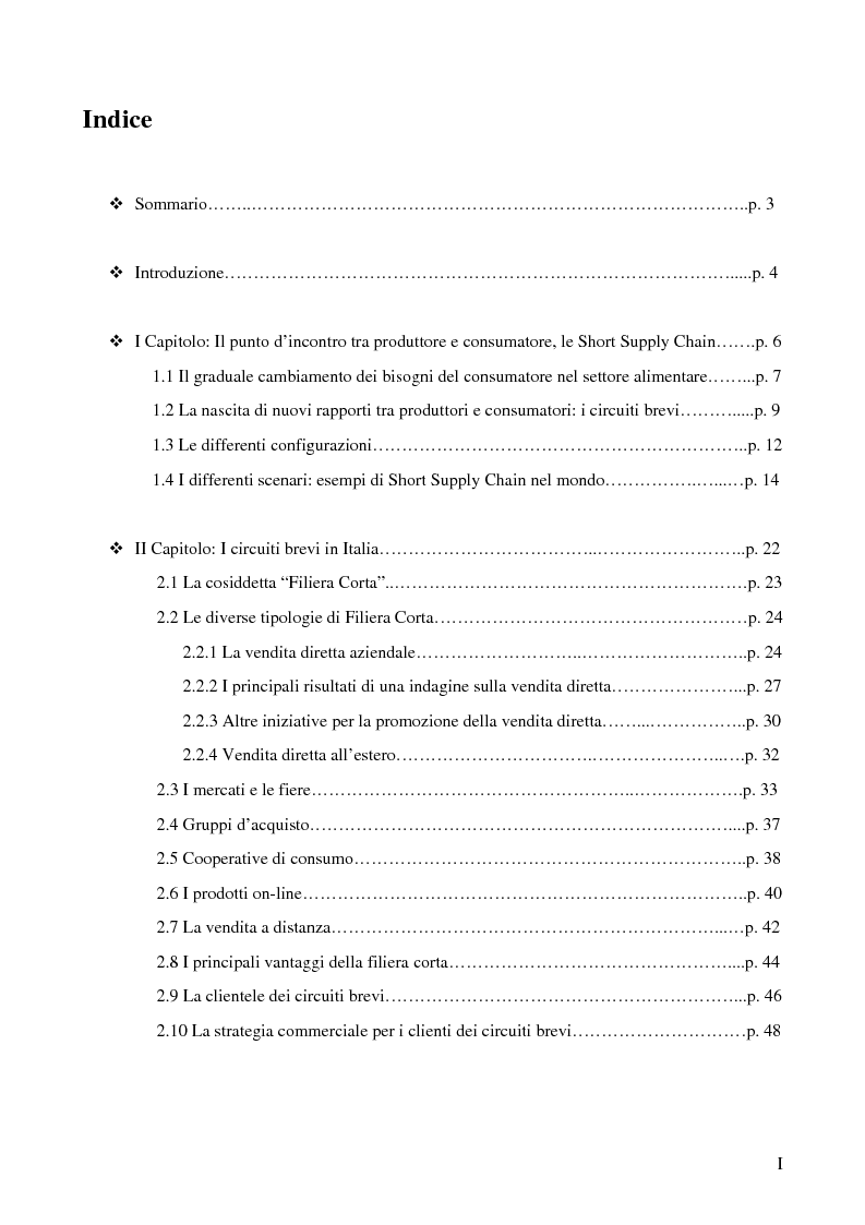 Indice della tesi: La filiera corta nel settore alimentare: tipologie e casi applicativi di studio, Pagina 1