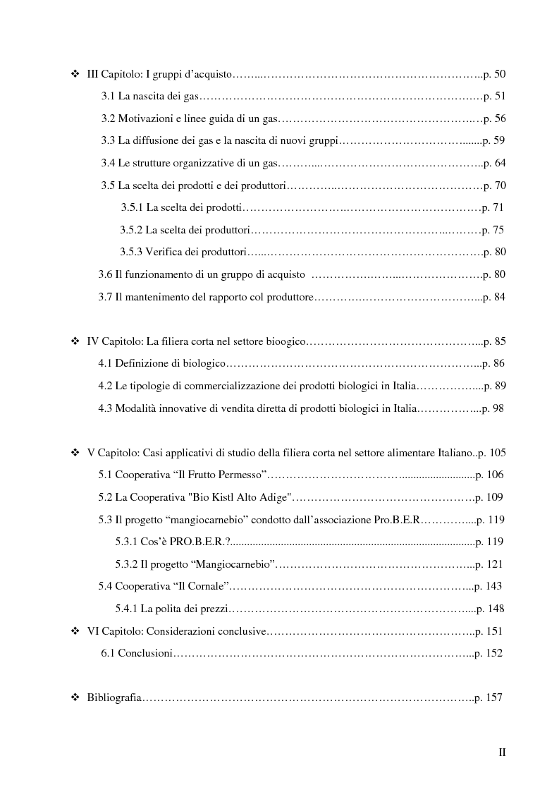 Indice della tesi: La filiera corta nel settore alimentare: tipologie e casi applicativi di studio, Pagina 2