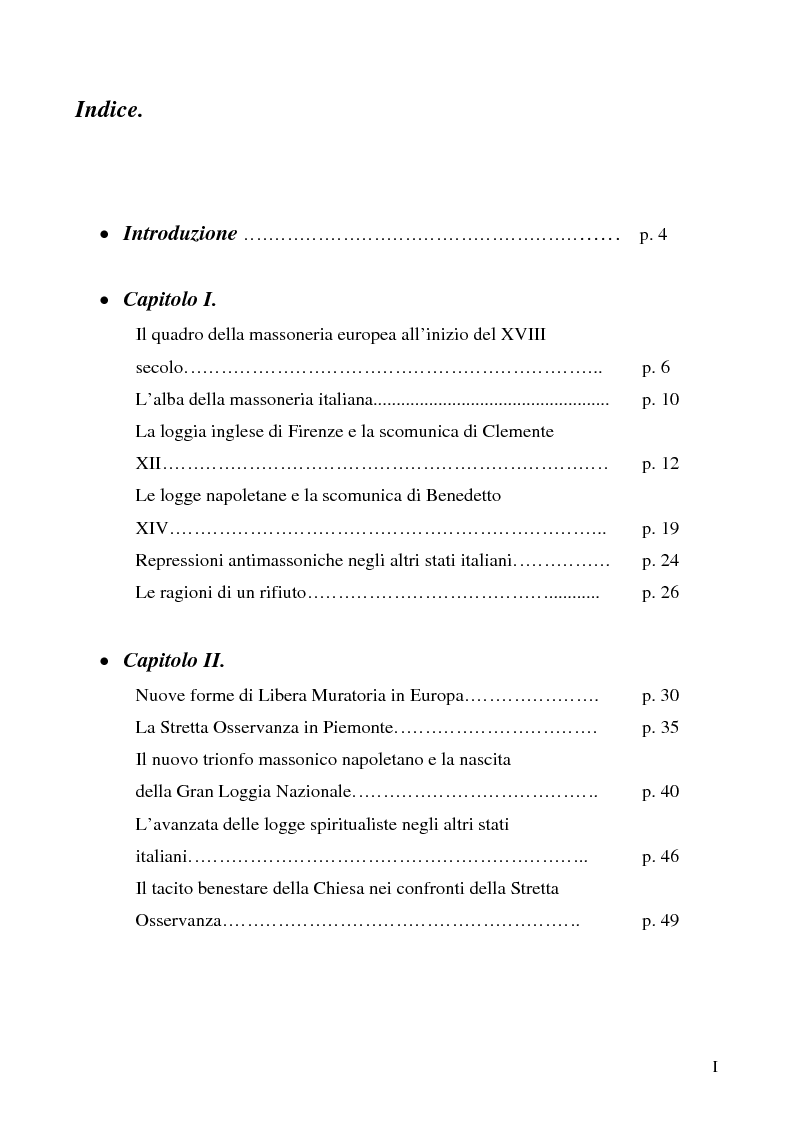 Indice della tesi: La massoneria tra Stati e Chiesa nell'Italia dei Lumi, Pagina 1