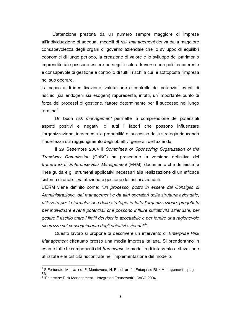 Anteprima della tesi: Enterprise risk management: applicazione del framework CoSO ad una realtà commerciale italiana, Pagina 2