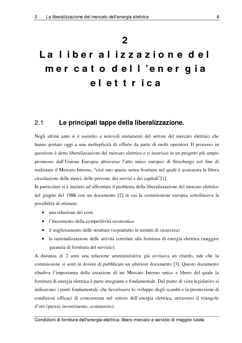 Anteprima della tesi: Liberalizzazione del mercato elettrico: condizioni di fornitura dell’energia elettrica, libero mercato e servizio di maggior tutela, Pagina 3