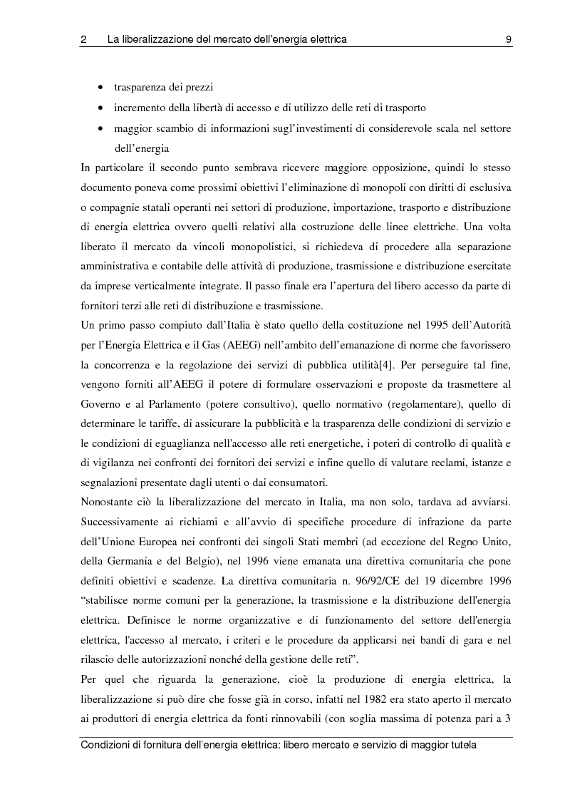 Anteprima della tesi: Liberalizzazione del mercato elettrico: condizioni di fornitura dell’energia elettrica, libero mercato e servizio di maggior tutela, Pagina 4