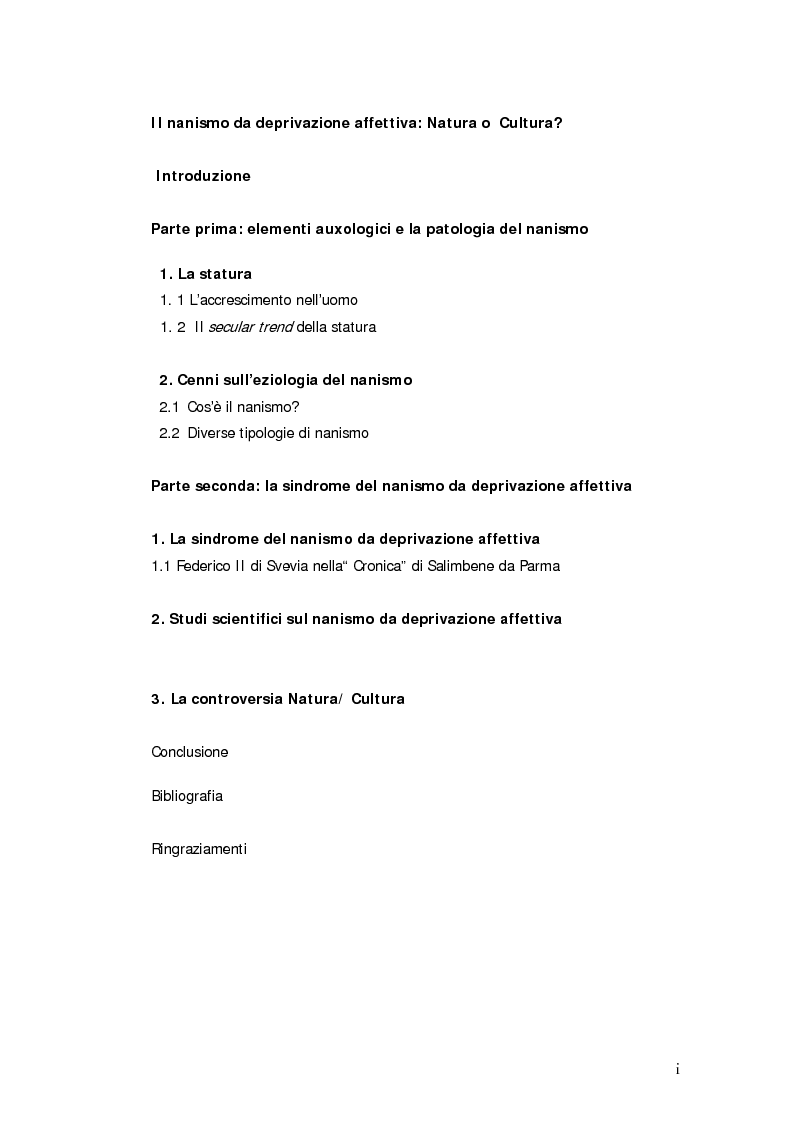 Indice della tesi: Il nanismo da deprivazione affettiva. Natura o Cultura?, Pagina 1