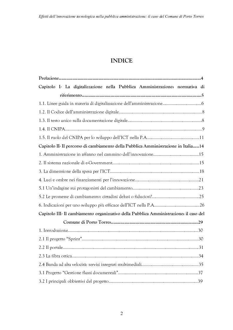 Indice della tesi: Effetti dell'innovazione tecnologica nella pubblica amministrazione: il caso del comune di Porto Torres, Pagina 1