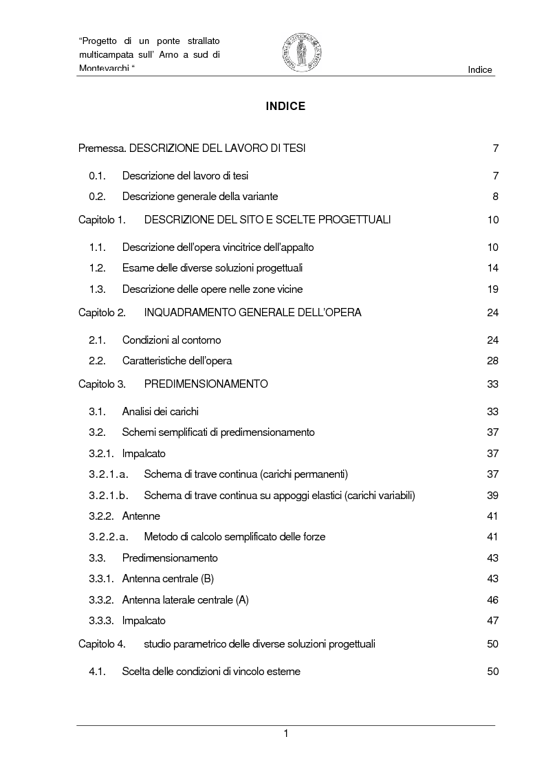 Indice della tesi: Progetto di un ponte strallato multicampata sull'Arno a nord di Montevarchi (AR), Pagina 1