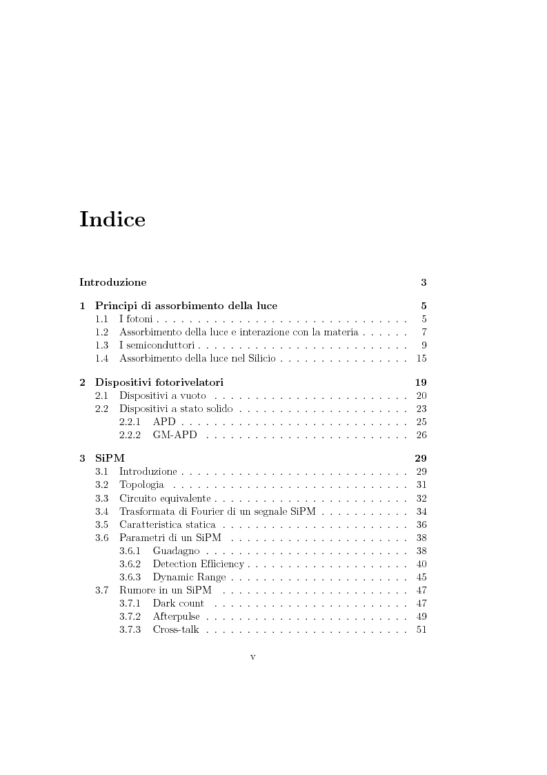 Indice della tesi: Progetto e realizzazione di un setup di misura basato su preamplificatore di carica per fotorivelatori in silicio Sipm, Pagina 1