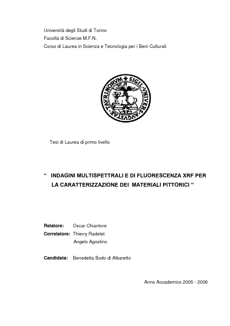 Anteprima della tesi: Indagini multispettrali e di fluorescenza Xrf per la caratterizzazione dei materiali pittorici su un dipinto di Massimo d'Azeglio, Pagina 1