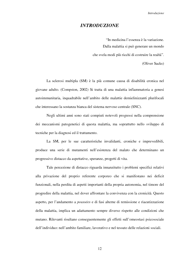 Anteprima della tesi: Aspetti psicosociali nei pazienti affetti da sclerosi multipla - Ruolo dei caregivers e dei supporti esterni. Trattamenti integrati per migliorare la qualità della vita, Pagina 3