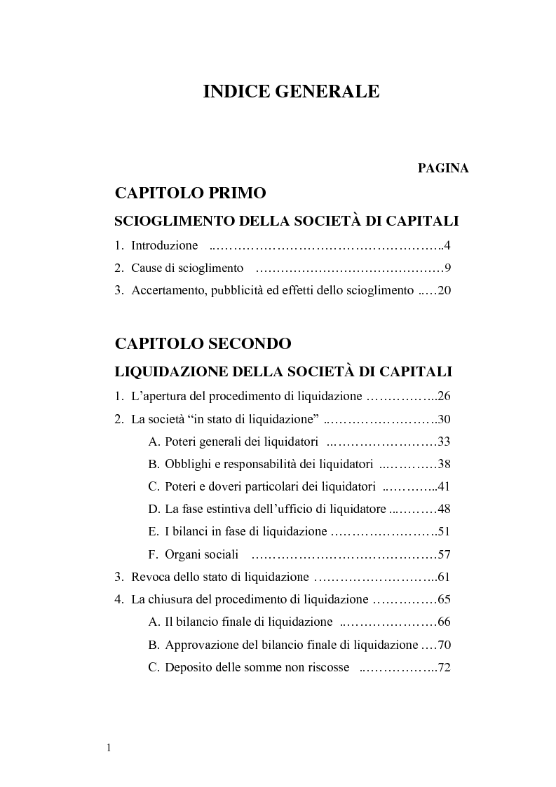 Indice della tesi: La nuova disciplina della liquidazione nelle società di capitali, Pagina 1