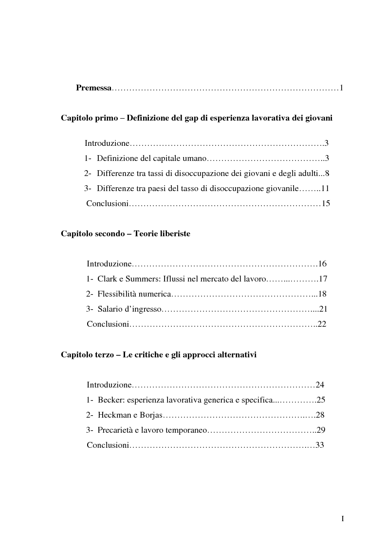 Indice della tesi: Le transizioni scuola-lavoro dei giovani. Teoria ed evidenza empirica, Pagina 1