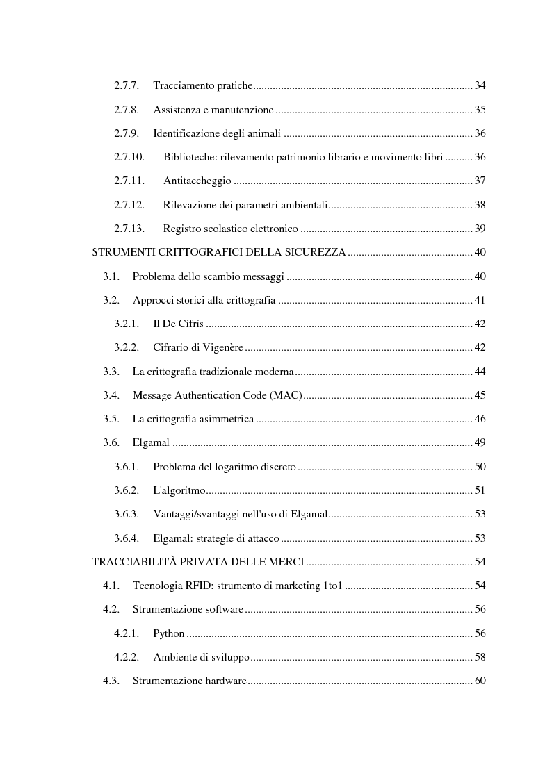 Indice della tesi: Sicurezza per Radio Frequency Identification: tracciare le merci preservando la privacy, Pagina 2