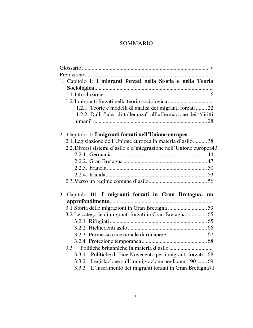Indice della tesi: Sociologia delle migrazioni forzate e del diritto d'asilo in Italia e nell'Unione europea, Pagina 1