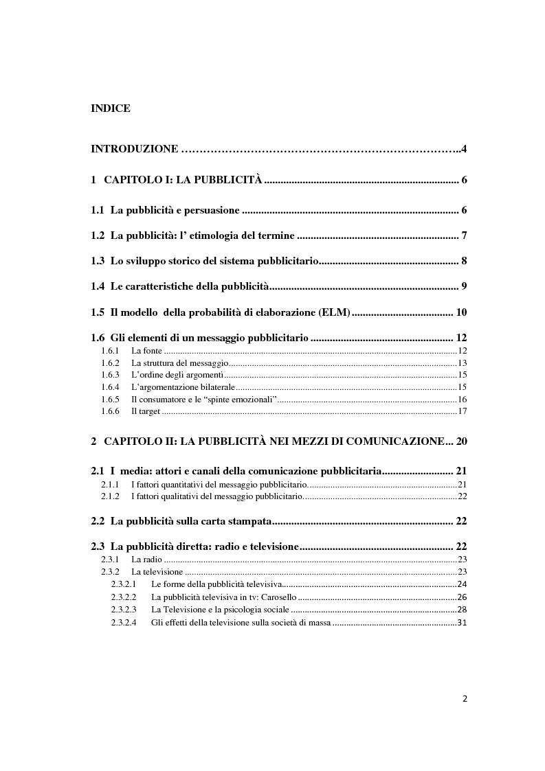 Indice della tesi: Le leve del cambiamento mentale nella pubblicità televisiva, Pagina 1