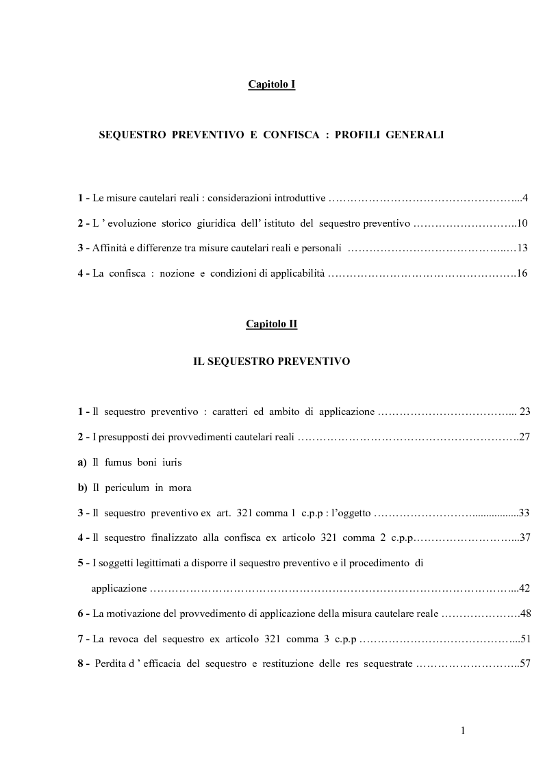 Indice della tesi: Sequestro preventivo e confisca per equivalente, Pagina 1